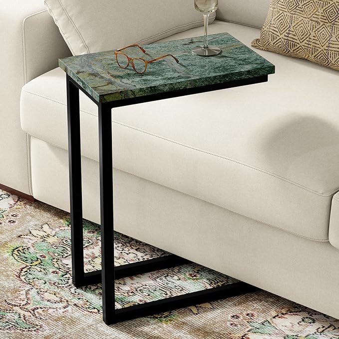 SIMPLIHOME Skyler Metal Table - 18 inch Wide Solid Iron C-Side Table with Genuine Green Marble Top in Black, Industrial Accent End Table for Living Room, Bedroom or Home Office with Slide-Under Design