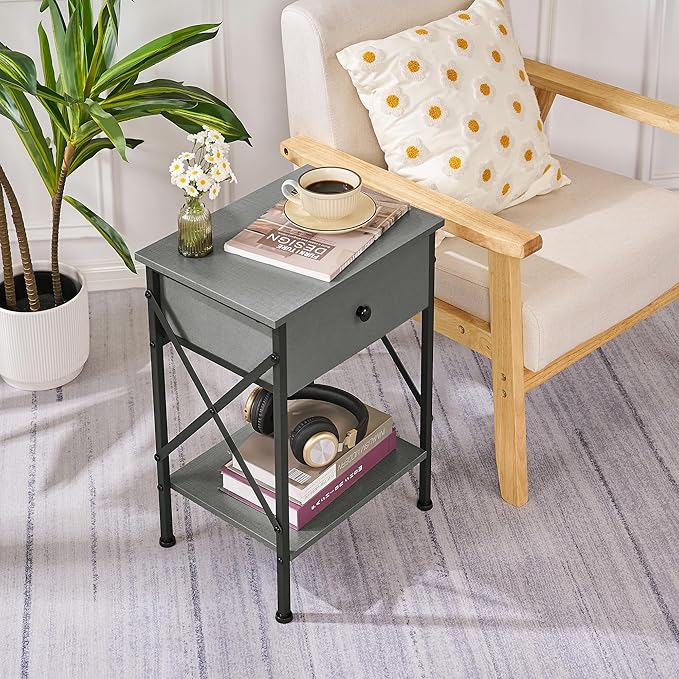 VECELO Nightstand, X-Design End Side Table with Fabric Storage Drawer and Open Shelf, Bedside Night Stand with Steel Frame for Bedroom, Living Room,Dorm, Easy Assembly, Hemp Gray
