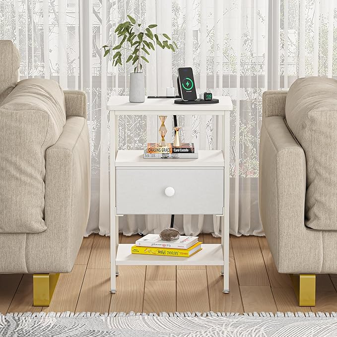 VECELO Bedside Tables with Charging Station,Nightstand with Storage Shelf&Fabric Drawer,End Tables for Bedroom,Living Room,Small Spaces,White