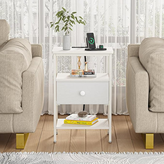 VECELO Nightstands with Charging Station Set of 2,End Tables with Storage Shelf&Fabric Drawer,Bedside Table for Bedroom,Living Room,Small Spaces,White