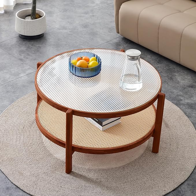 Tempered Glass Round Coffee Table, Farmhouse Circle Coffee Table with Rattan Woven Shelf for Storage, Solid Wood Circular Center Table for Living Room