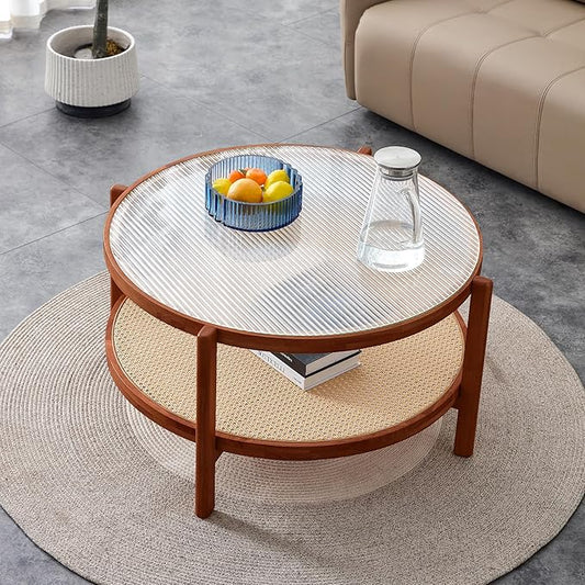 Tempered Glass Round Coffee Table, Farmhouse Circle Coffee Table with Rattan Woven Shelf for Storage, Solid Wood Circular Center Table for Living Room