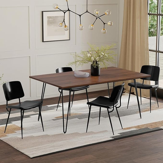 SIMPLIHOME Hunter Dining Table - 66 inch Wide Solid Wood Walnut Veneer Table, Modern Industrial Style for Dining Room or Kitchen with Black Powder-Coated Iron Legs and Hairpin Legs, Seats 6
