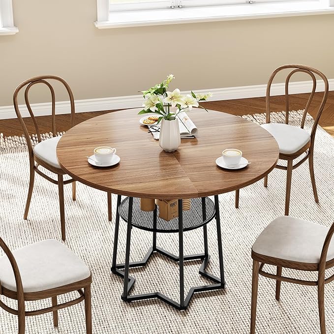 IDEALHOUSE Round Dining Table for 4, 38" Farmhouse Kitchen Table with 17.7" Storage, Small Circle Dinner Tables, Space Saving, Wood Kitchen & Dining Room Furniture for Dining Room, Apartmen, Brown
