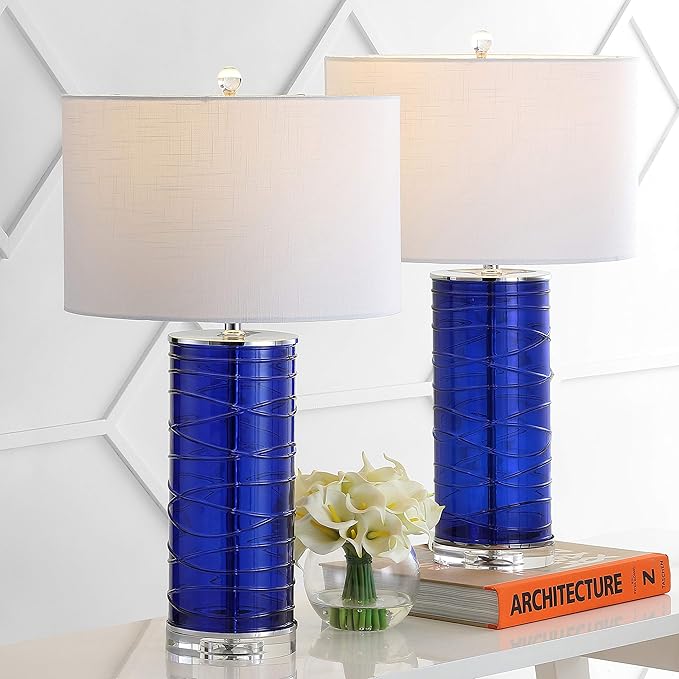 JONATHAN Y 27.5" Cobalt Modern Fused Glass Table Lamp Set of 2 for Bedroom Living Room, Coastal Nightstand Bedside Lamp with White Linen Shade, LED Bulbs Included (JYL4017D-SET2)