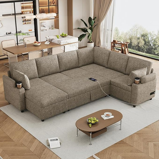 ERYE U Shaped Pull Out Sleeper Sectional Sofa Bed Modern Corner Convertible Sleeper Couch with Left Facing Storage Chaise, Cupholders, Charging Ports and Armrests Storage