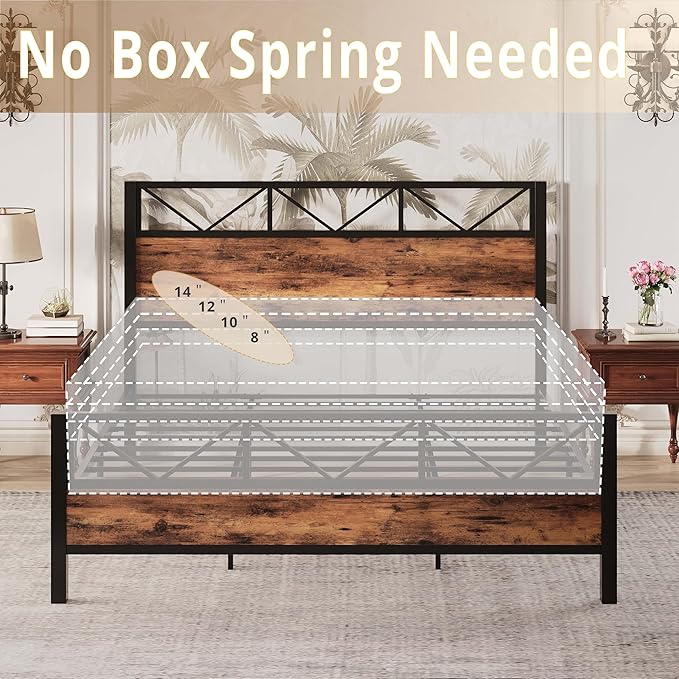 LIKIMIO King Bed Frame, Tall Industrial Headboard 51.2 ", Platform Bed Frame with Strong Metal Support, Solid and Stable, Noise Free, No Box Spring Needed, Easy Assembly, Vintage Brown
