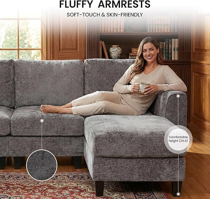 MALOL 118" Sectional U-Shaped Cloud Couch, Modular Modern 4-Seat Sofa, with USB Type C Ports, Foldable Side Table and 2 Ottomans, for Home Living Room, Grey