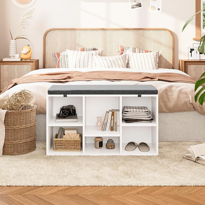 Shoe Bench, Storage Bench with Padded Seat, 6 Cubbies Storage Entryway Bench, for Living Room, Bedroom, Hallway,White