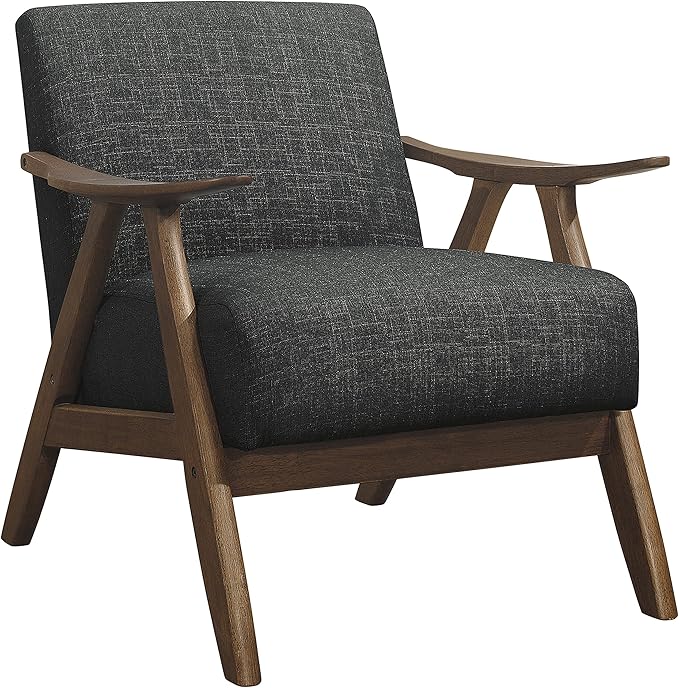 Lexicon Mid Century Modern Accent Chair with Solid Wood Frame in Walnut Finish, Upholstered Living Room Lounge Arm Chair, Thick and Comfy Innerspring Seat Cushion, Linen-Look Fabric, Dark Grey