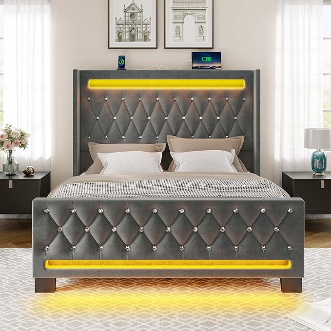 Rolanstar Full Bed Frame with LED Light and Charging Station, Upholstered High Headboard and Footboard, Wood Slats, Noise Free, Easy Assembly, Grey