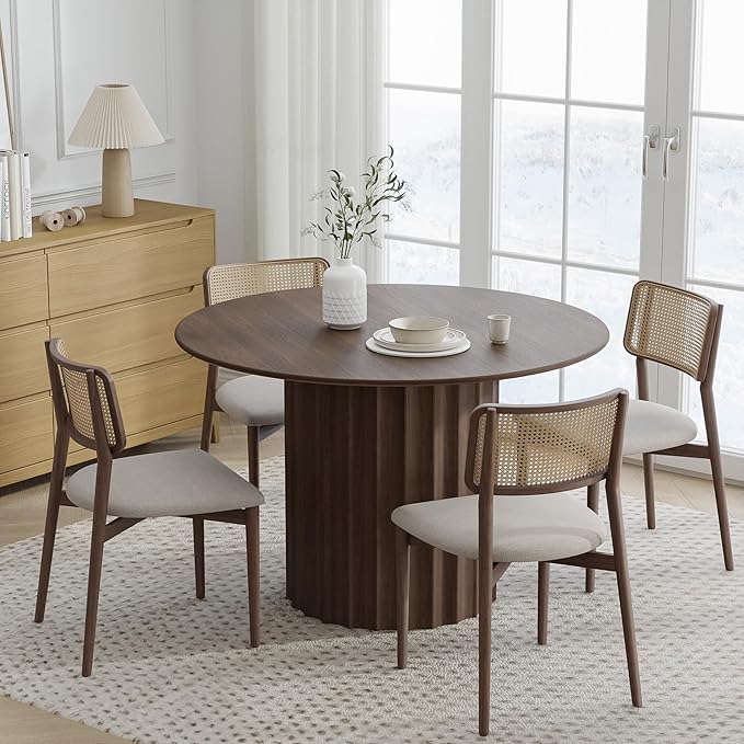 Casaphoria 46" Round Dining Table, Modern Wood Kitchen Table with Cylindrical Wide Bar Concave Base for Living Room & Dining Room, Easy Assembly Farmhouse Furniture for 4-6, Walnut