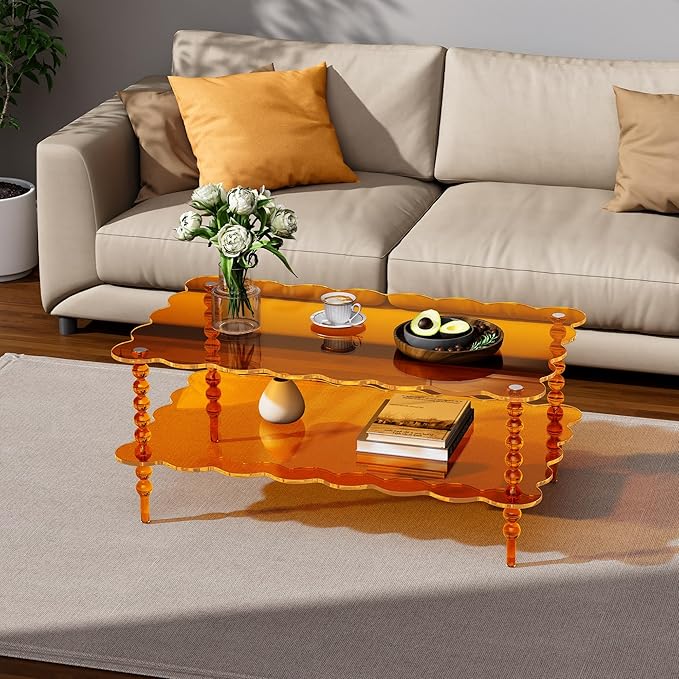 Acrylic Coffee Table, 2-Tier Living Room Table with Storage, Center Table Mid-Modern Century for Living Room, Easy to Assemble (Orange, 37.8“×23.6“×15.7”)