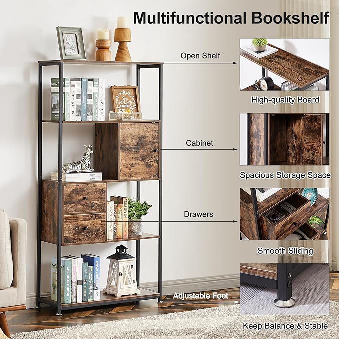 VECELO 5-Tier Bookshelf,Bookcase with 2 Storage Drawers and 1 Cabinet, Wood Board with Metal Frame Open Book Shelves Standing Shelf Unit for Living Room, Home Office,Bedroom