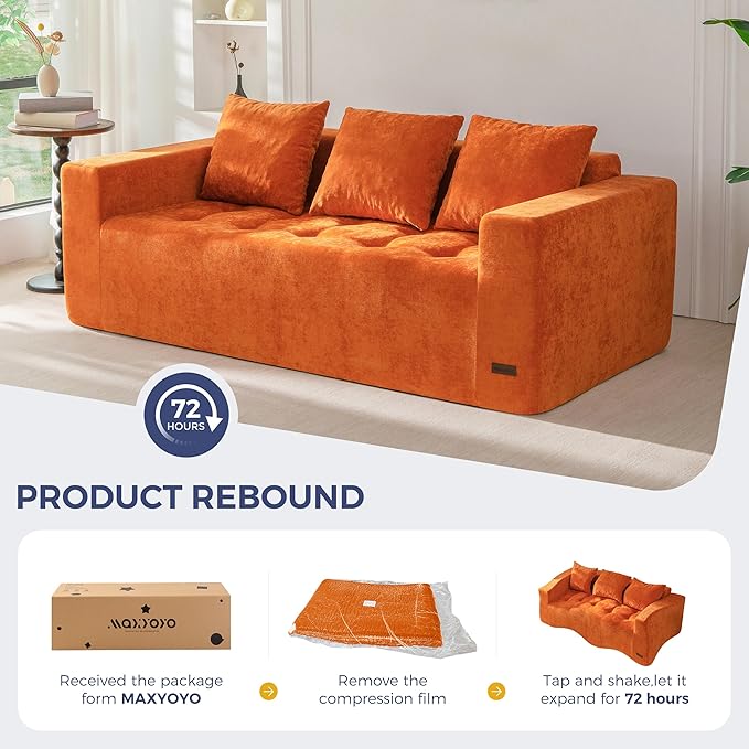 MAXYOYO Modular Sofa Couch, 75" Oversized Loveseat Boneless Cloud Couch with Deep Seat, Chenille Upholstered Living Room Sleeper Sofa Chair for Living Room, No Assembly Required, Orange