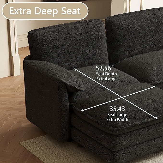 114" U Shaped Cloud Couch Sectionals Comfy Black Sectional Couches for Living Room Modern Oversized Modular Sofas with Ottoman, Fluffy Chenille Large Big 5 Seat Sofa Set