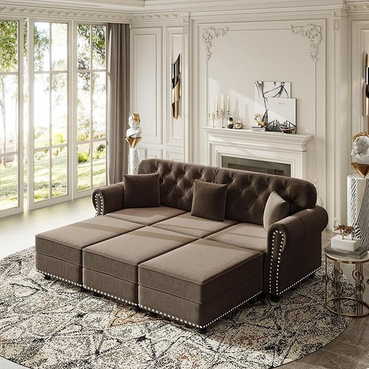KEIKI 83" Velvet Chesterfield Sofa with Rolled Arms & Nailhead Trim & 3 Ottoman, Modern 3-Seater Button Tufted Couch with High Resilience Cushion & 3 Pillow, Easy Assembly, for Living Room, Brown