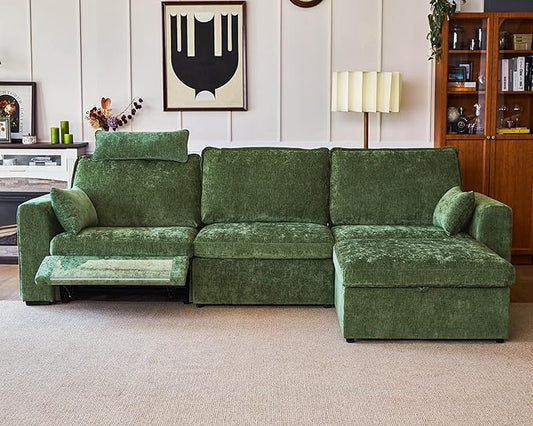 124.8'' Oversized Power Recliner Sofa with Headrest, Extra Wide Modular Cloud Sectional Reclining Couch, Convertible 4-Seater with Storage Ottoman for Home Theater Living Room, Chenille, Green