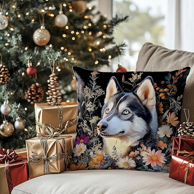 William Morris Inspired-Vintage Floral Siberian Husky Pillow Covers 18x18, Husky Lover Gifts, Moody Dark Botanical Dog Decorative Pillow Covers for Home Living Room Bedroom,Dog Lover Mom Gifts