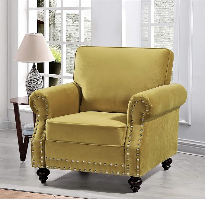 Container Furniture Direct Lotus Mid Century Modern Velvet Upholstered Living Room Rolled Arms, Chair, Loveseat and Sofa, Strong Yellow