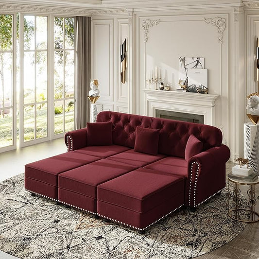 KEIKI 83" Velvet Chesterfield Sofa with Rolled Arms & Nailhead Trim & 3 Ottoman, Modern 3-Seater Button Tufted Couch with High Resilience Cushion & 3 Pillow, Easy Assembly, for Living Room, Burgundy