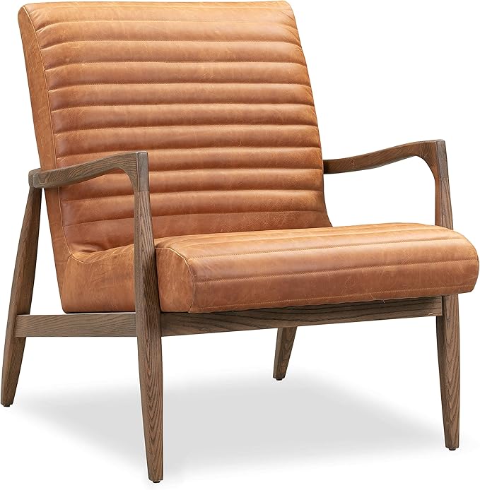 Poly & BARK Rowan Lounge Chair – Mid Century Modern Leather Armchair with Ribbed Seat and Solid Ash Wood Frame, Cognac Tan