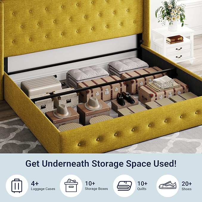 Allewie King Size Lift Up Storage Bed, Button Tufted Headboard with Wingback, Hydraulic Support, No Box Spring Needed, Olive Yellow