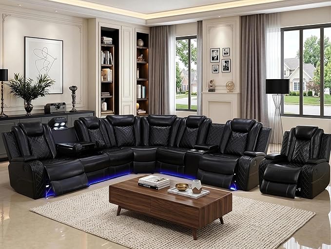 Power Reclining Sectional Sofa Set with LED, Living Room Furniture Sets, Leather Recliner Couch for Living Room/Home Theater, Sectional Couch and Chair with 3 Recliners, USB Port/Hide-Away Storage