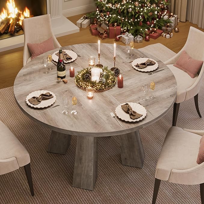 IDEALHOUSE 47" Round Dining Table for 4-6, Wood Kitchen Table with Sturdy Base, Farmhouse Circle Dinner Table for Dining Room, Living Room, 4 Strong Legs, Grey