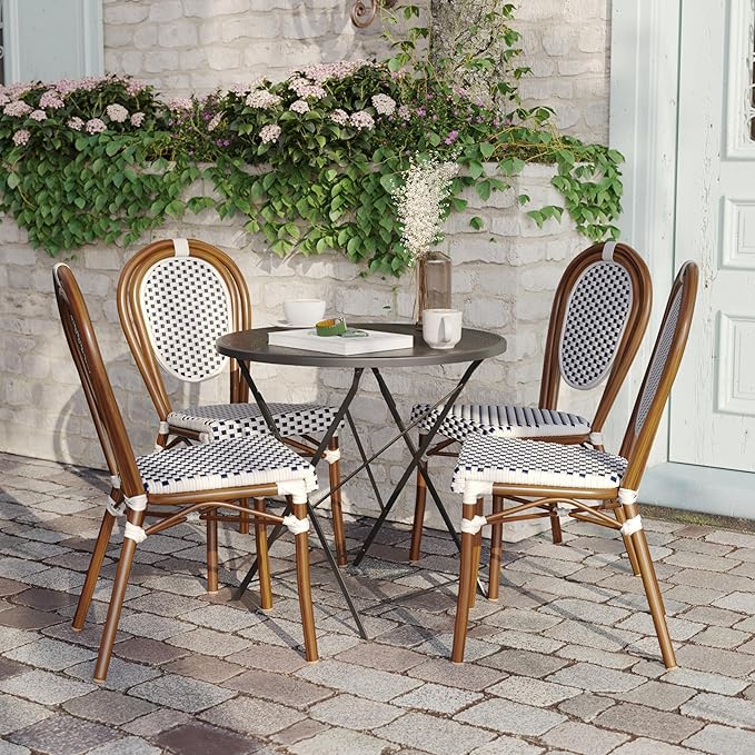 Flash Furniture Lourdes Indoor/Outdoor Commercial Thonet Bistro Stack Chair - White/Navy PE Rattan Back and Seat - Natural Bamboo Print Metal Frame - Set of 4
