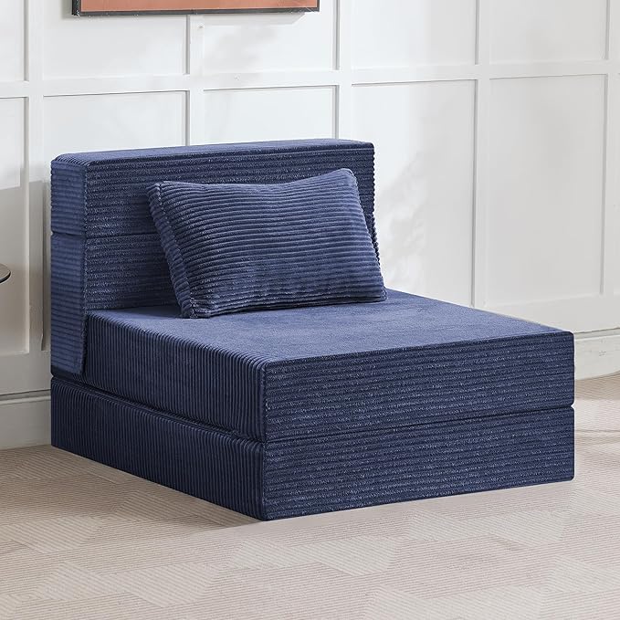WUTUTUEE Folding Sofa Bed Convertible Floor Couch Foldable Chair Bed with Pillow，Linen Sleeper Chair Futon,Foldable Memory Foam Mattress for Bedroom/Living Room/Dorm/Office (Corduroy Navy, Single)