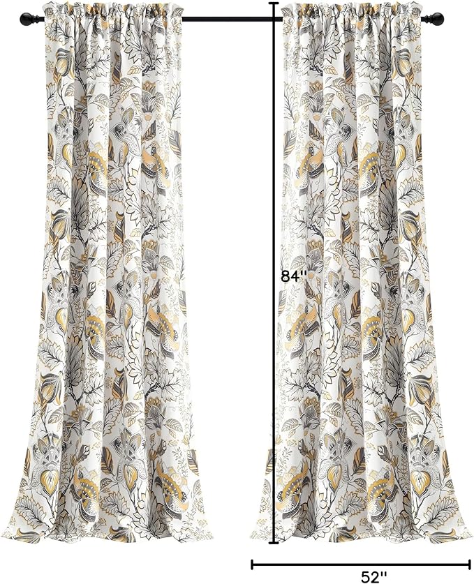 Lush Decor Cynthia Jacobean Light Filtering Window Curtain Panel Pair, 84" L x 52" W, Yellow & Gray