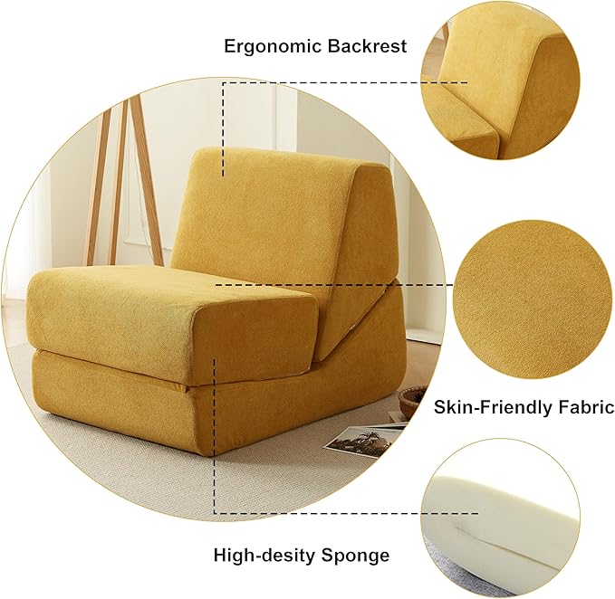Swbvs Folding Sofa Bed, Single Chair Lounger with Back Support, Multi-Functional Floor Sofa for Living Room, Bedroom, or Small Spaces, Yellow Corduroy Fabric, Compact & Comfortable Design