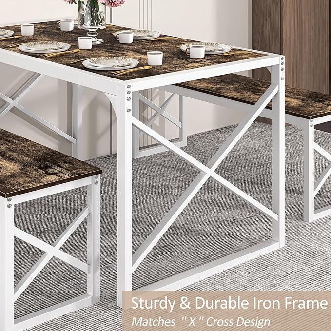 VECELO 55" Kitchen Dining Table Set for 4-6, Wood Dinette 2 Benches with Metal Frame for Dinner Breakfast Nook and Small Space, Dark Brown
