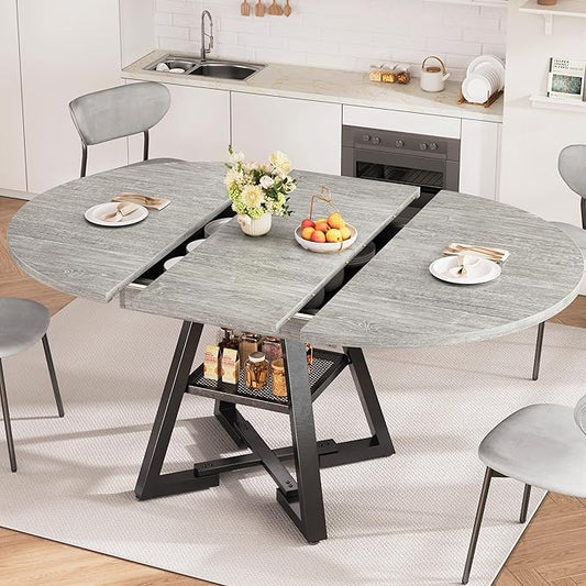Round Dining Table Kitchen Dining Room Dinner Table for 4-6, Space Saving Extendable Oval Circle Furniture with Pedestal Base and Storage Shelf for Kitchen Living Room (Grey, for 6-8)
