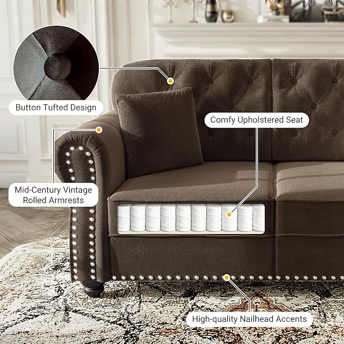 KEIKI 2-Piece Chesterfield Sofa Set with 1 Velvet 3-Seater Sofa & 1 Loveseat Sofa, Upholstered 5-Seater Couch Set with Nailhead Trim & Rolled Arms & 1 Ottoman & 5 Pillow, for Living Room, Brown