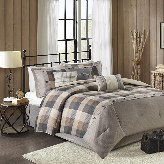 Madison Park Ridge Comforter Set-Cabin Lodge Plaid Herringbone Design All Season Down Alternative Cozy Bedding with Matching Bedskirt, Shams, Decorative Pillow, Queen(90"x90"), Neutral 7 Piece