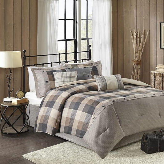 Madison Park Ridge Comforter Set-Cabin Lodge Plaid Herringbone Design All Season Down Alternative Cozy Bedding with Matching Bedskirt, Shams, Decorative Pillow, King(104"x92"), Neutral 7 Piece