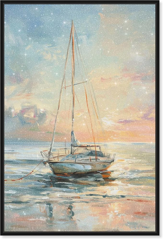 Art Remedy Boat On The Shore Framed Sailing 1 Piece Canvas Wall Art, 37" x 55", Black Frame