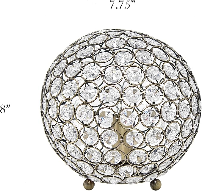 Elegant Designs LT1026-ABS 8" Elipse Crystal Collection Metal Crystal Ball Sequin Table Desk Lamp for Accent Lighting, Décor, Living Room, Antique Brass