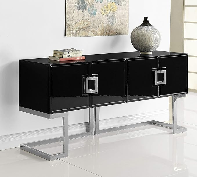 Meridian Furniture Beth Collection Modern | Contemporary Sideboard Buffet, Rich Chrome Stainless Steel Base, Black Laquer Finish, 64" W x 18" D x 31" H, Cabinet