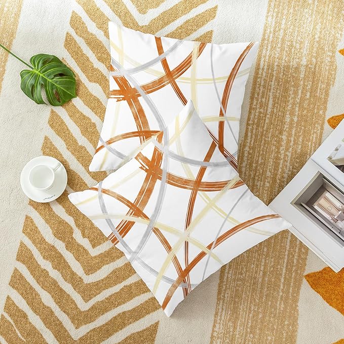 CaliTime Throw Pillow Cases Pack of 2 Cozy Fleece Arc-Shaped Abstract Geometric Lines Decorative Cushion Covers for Couch Bed Sofa Farmhouse Decoration 20 X 20 Inches Burnt Orange Light Gold Grey