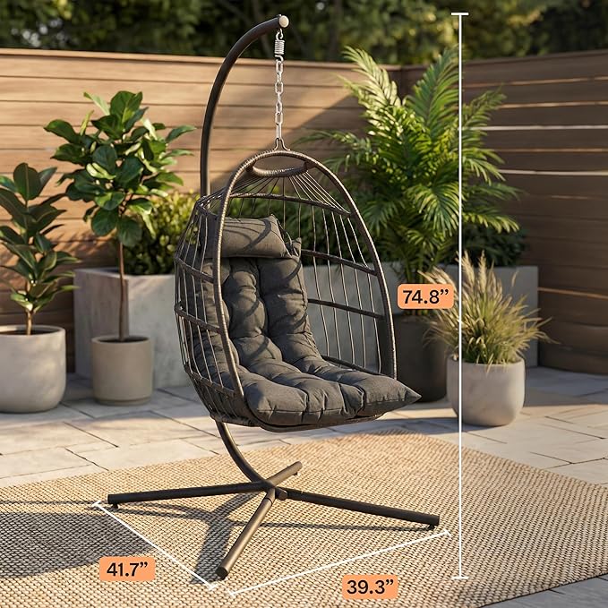 SereneLife Egg Chair with Stand – Hanging Rattan Wicker Swing for Indoor Outdoor Use – 350 lbs Capacity, Breathable Cushion & Headrest – Patio, Balcony, Porch, Bedroom Lounge Furniture