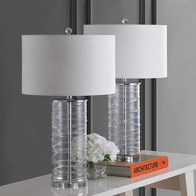 JONATHAN Y 27.5" Clear Modern Fused Glass Table Lamp Set of 2 for Bedroom Living Room, Coastal Nightstand Bedside Lamp with White Linen Shade, LED Bulbs Included (JYL4016B-SET2)