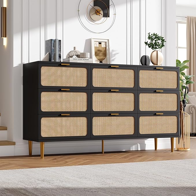 GarveeHome Rattan 9 Drawer Dressers for Bedroom, Tall Dresser with Deep Drawers, Large Chest of Drawers for Closet with Wide Top, Long Wooden Dresser for Living Room, Hallway, Kids Room, Black
