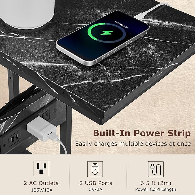 VECELO C-Shaped End Side Table with Charging Station & 2 USB Ports and Outlets for Living Room, Bedroom, with Adjustable Feet for Couch Sofa, Bedside, Small Spaces， Black Marble