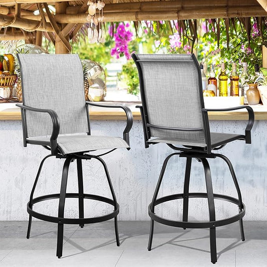 Shintenchi 2 Piece Patio Swivel Bar Chairs, All Weather Textile Outdoor Metal Bar Stools Patio Chairs Set of 2 with High Back, High Top Bistro Set Furniture for Balcony,Backyard,Garden,Deck,Light Grey