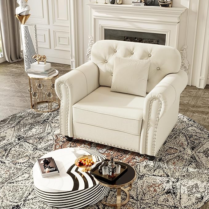 KEIKI 41" Velvet Chesterfield Sofa with Rolled Arms & Nailhead Trim, Modern Upholstered 1-Seater Button Tufted Couch with High Resilience Cushion & 1 Pillow, Easy Assembly, for Living Room, White