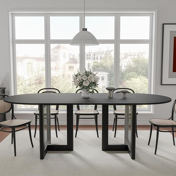Casaphoria 79" Dining Table for 8, Wood Kitchen Table with Scratch-Resistant Top & Rattan Base, Modern Farmhouse Oval Dining Table for Living Room, Kitchen, Easy Assembly, Black (Chairs not Included)