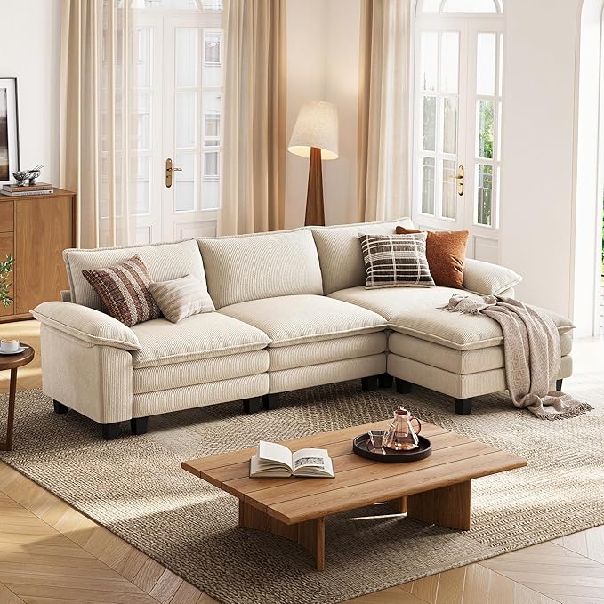 LINSY HOME 123'' Modular Sectional Sofa Beige Couch Corduroy Cloud Couches for Living Room, L Shaped Couch with Movable Ottoman, Modern Cloud Sectional Sofas for Bedroom and Apartment, Beige